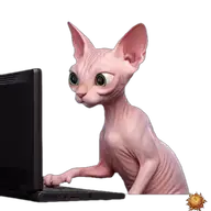 Sticker animado original de Sphynx con ordenador para WhatsApp, creado por Dimensión Marta
