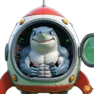 Original animierter Hai Sticker mit der Rakete fliegend für WhatsApp, erstellt von Dimensión Marta