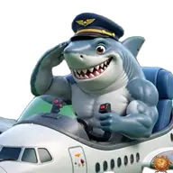 Original animierter Hai Sticker mit dem Flugzeug reisend für WhatsApp, erstellt von Dimensión Marta